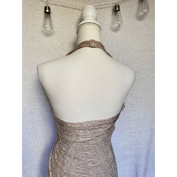 Vintage 90's Cach'e Gold Sparkly Halter Side Ruffle Maxi Dress Women's Small 4 - Picture 9 of 13